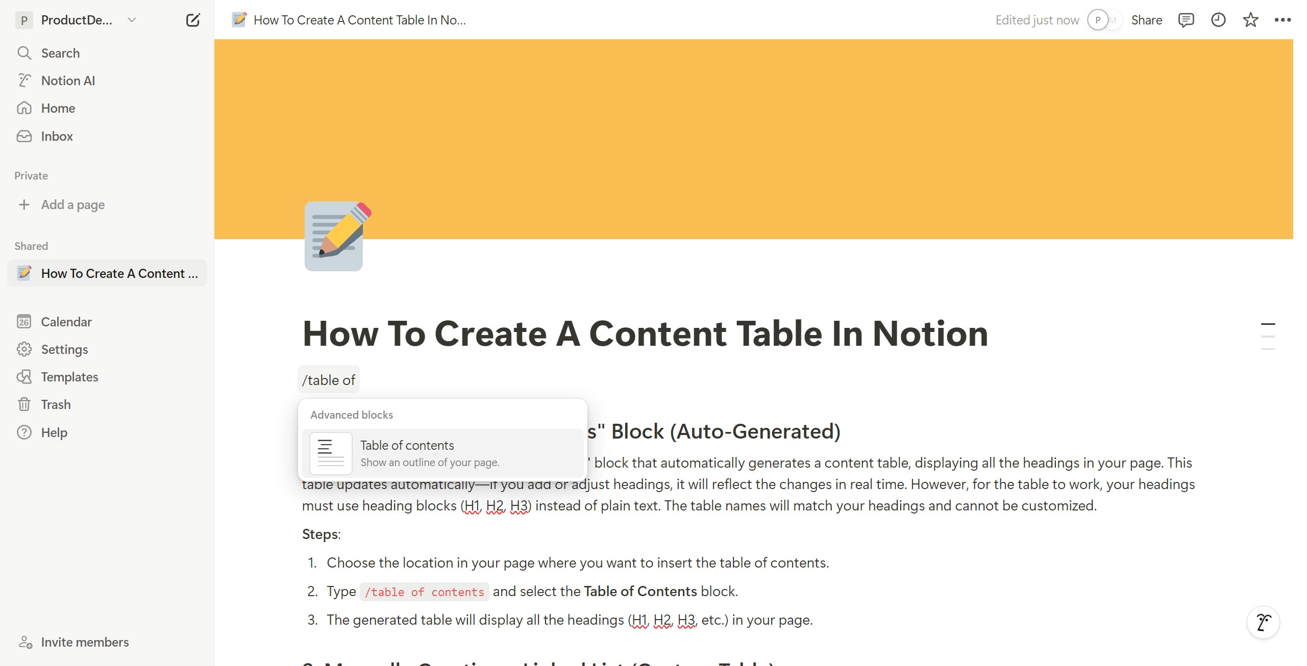 <p>Click Table of contents</p>