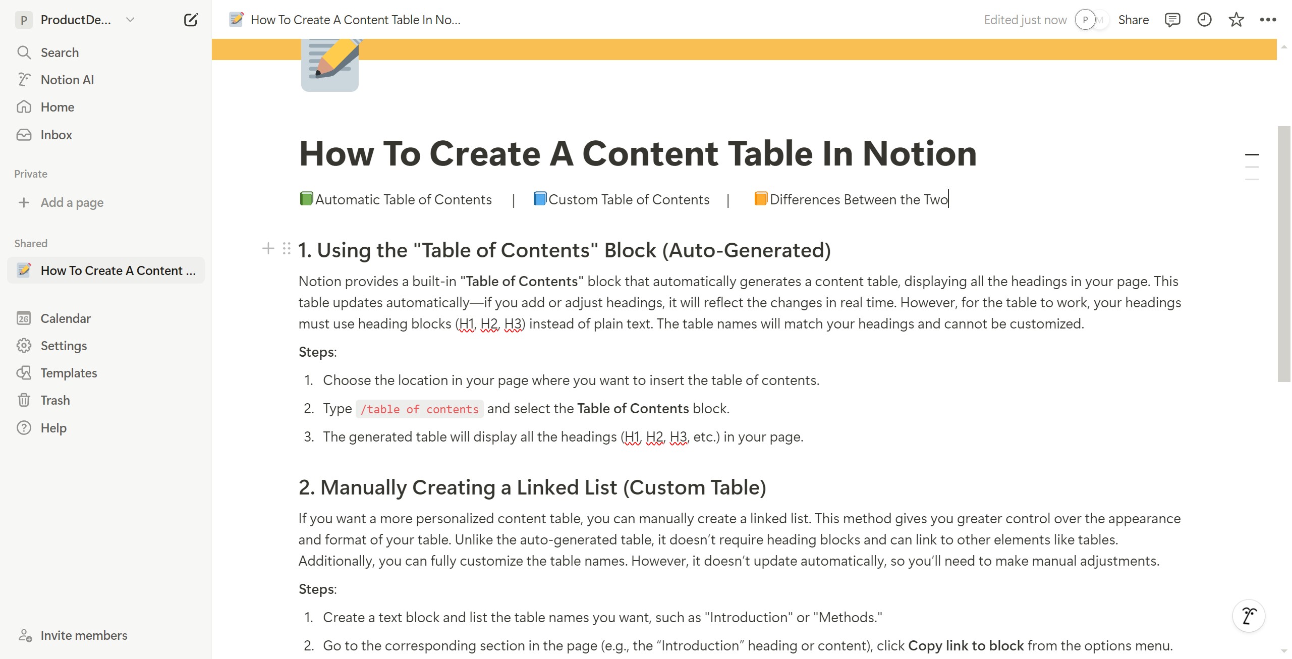 <p>Click 1. Using the "Table of Contents" Block (Auto-Generated)</p>
