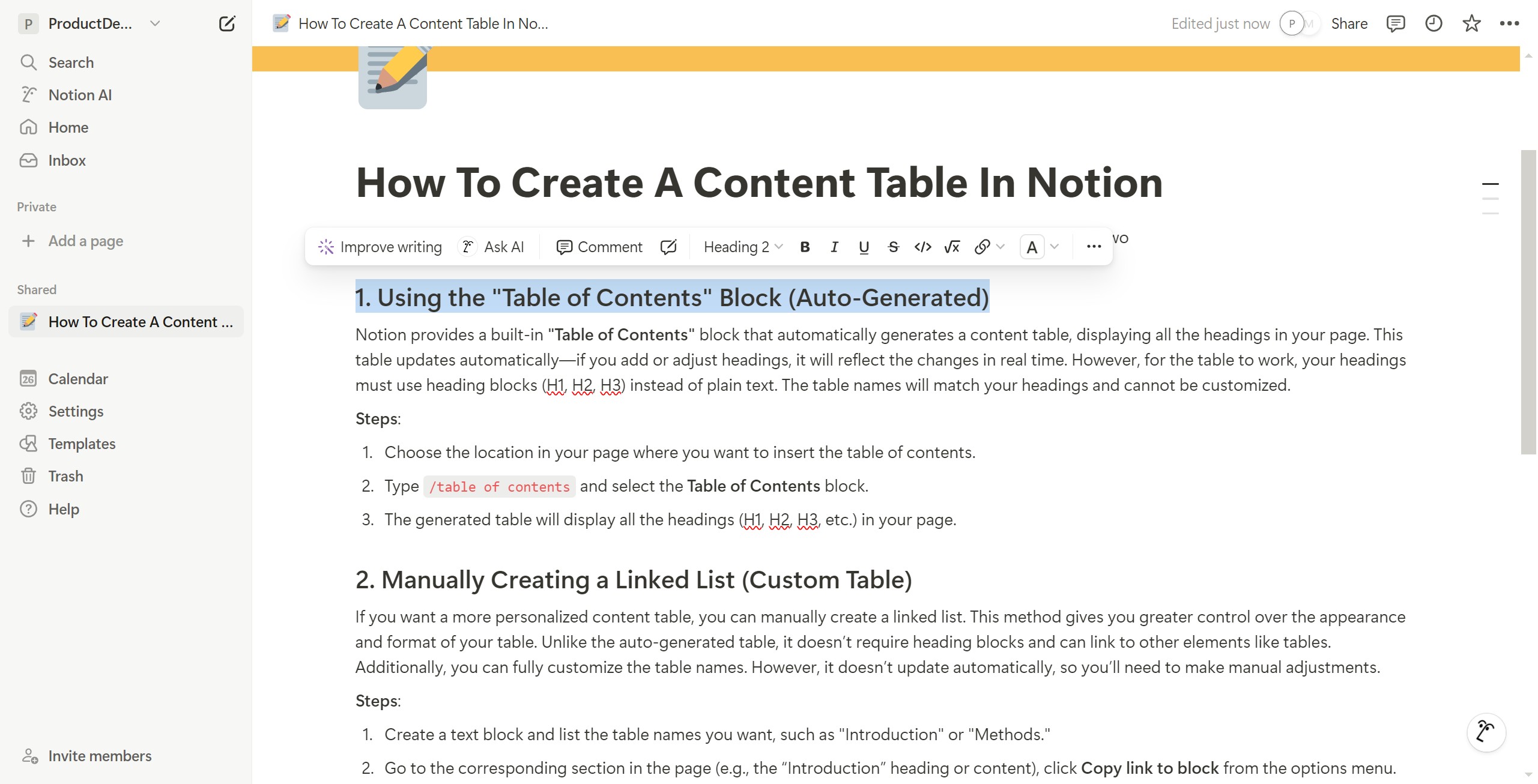 <p>Click 1. Using the "Table of Contents" Block (Auto-Generated)</p>