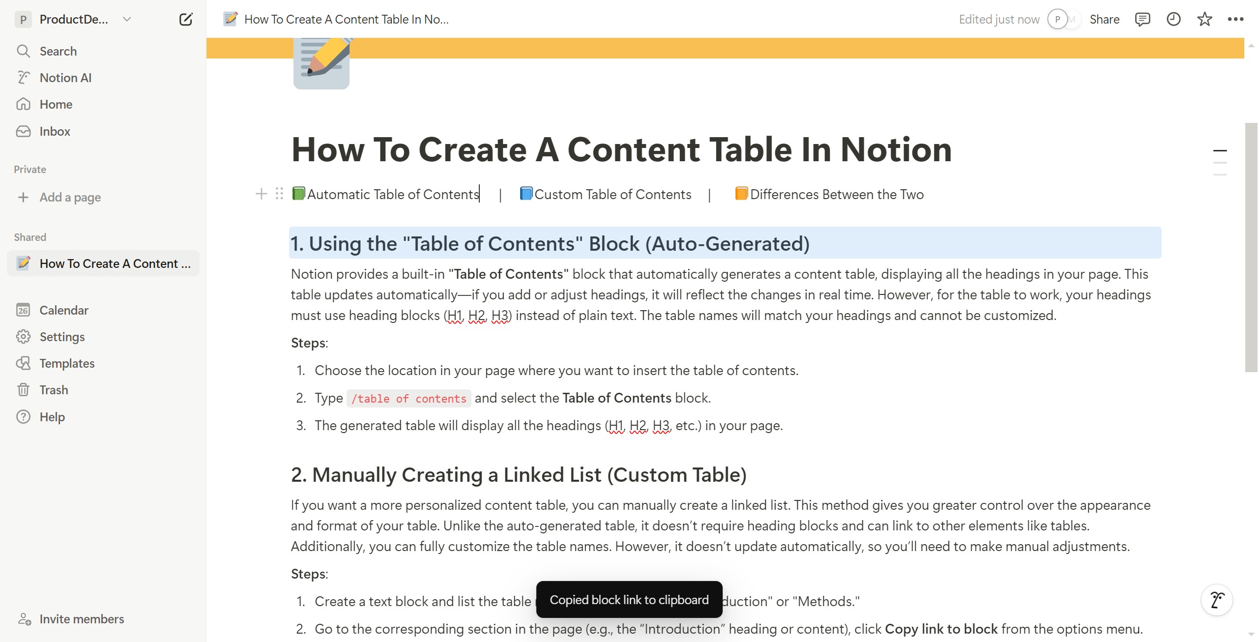 <p>The First Part: Automatically Generated By Table of Contents</p>
