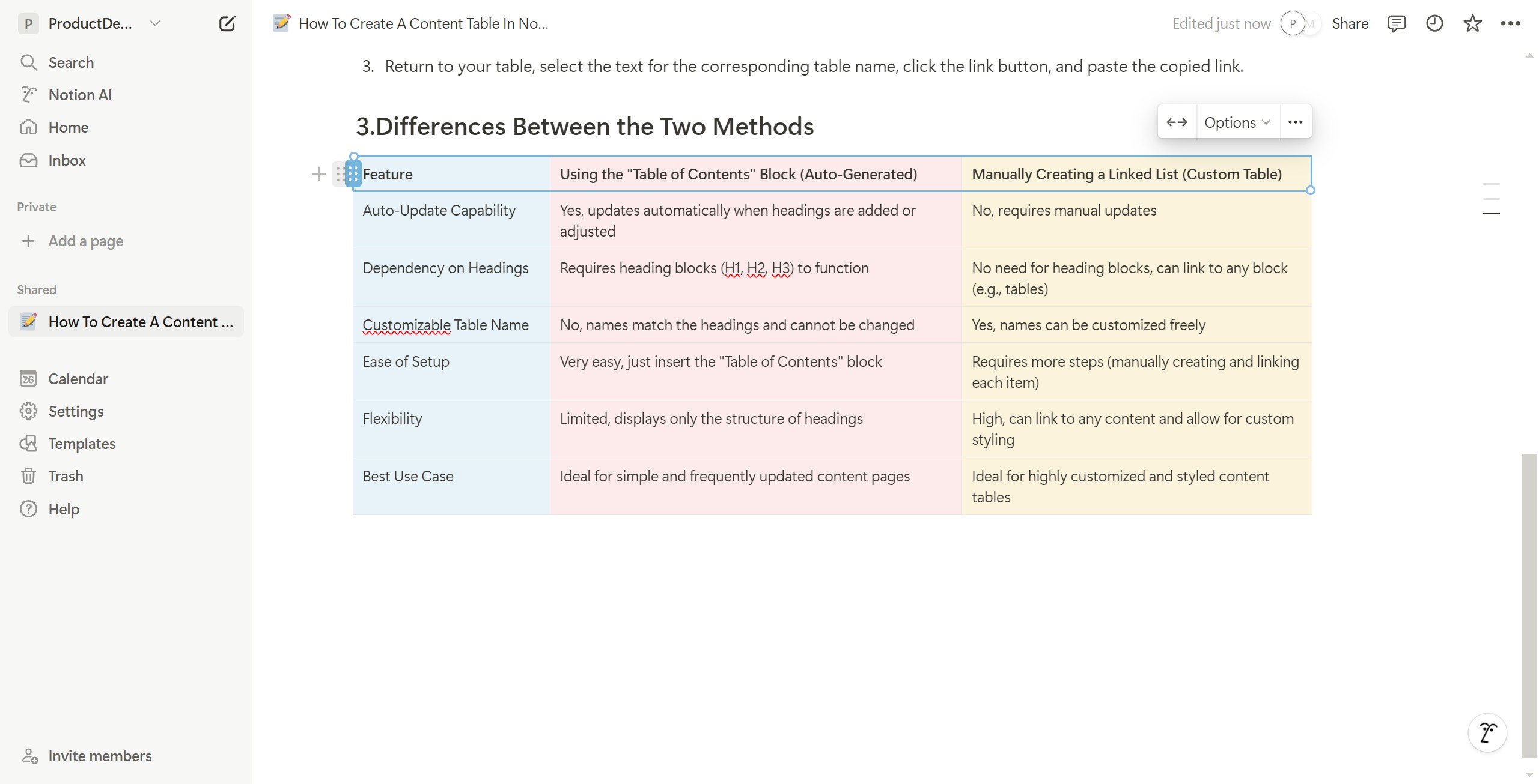 <p>Select the section to link to the table of contents.</p>