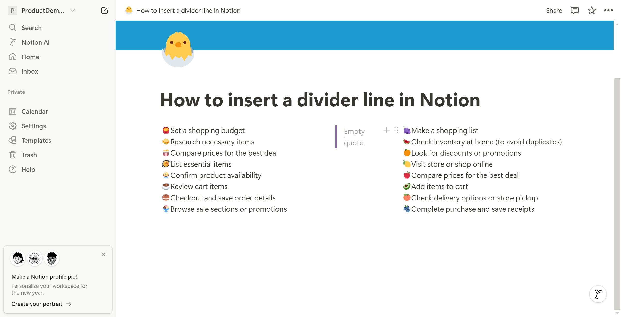 <p>After adjusting, press Shift+Enter within the inserted Quote block to create a line break and extend the divider.</p>