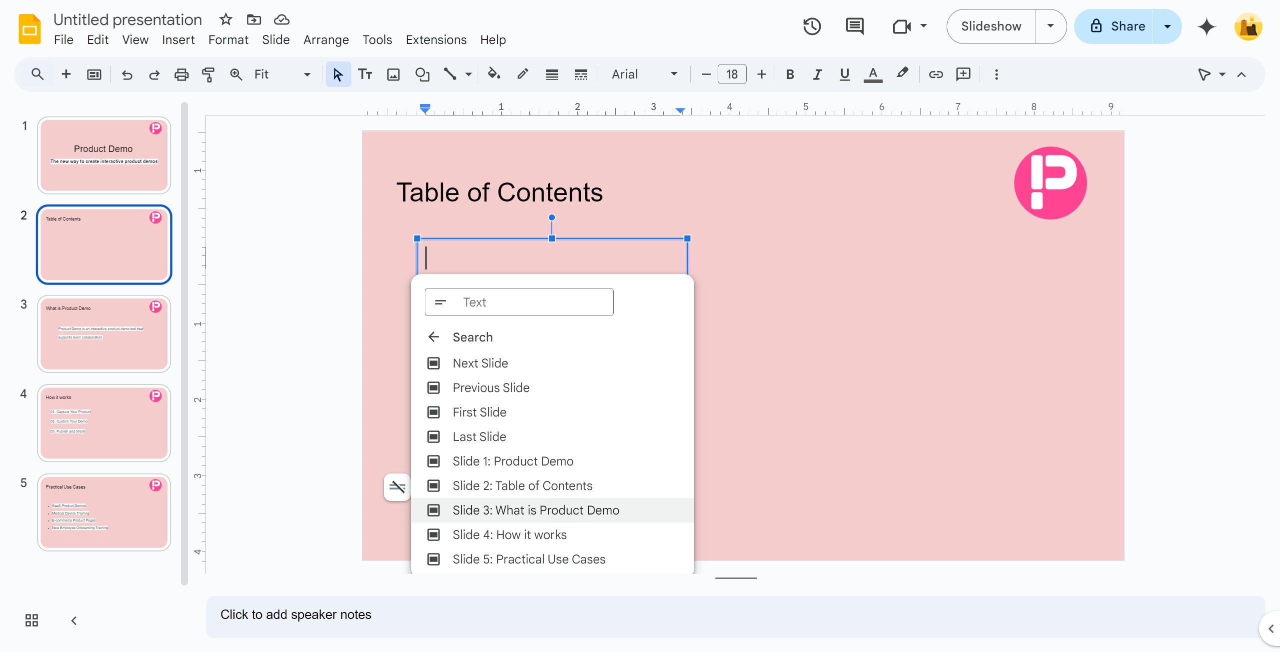 <p>Select the page to link in the table of contents.</p>