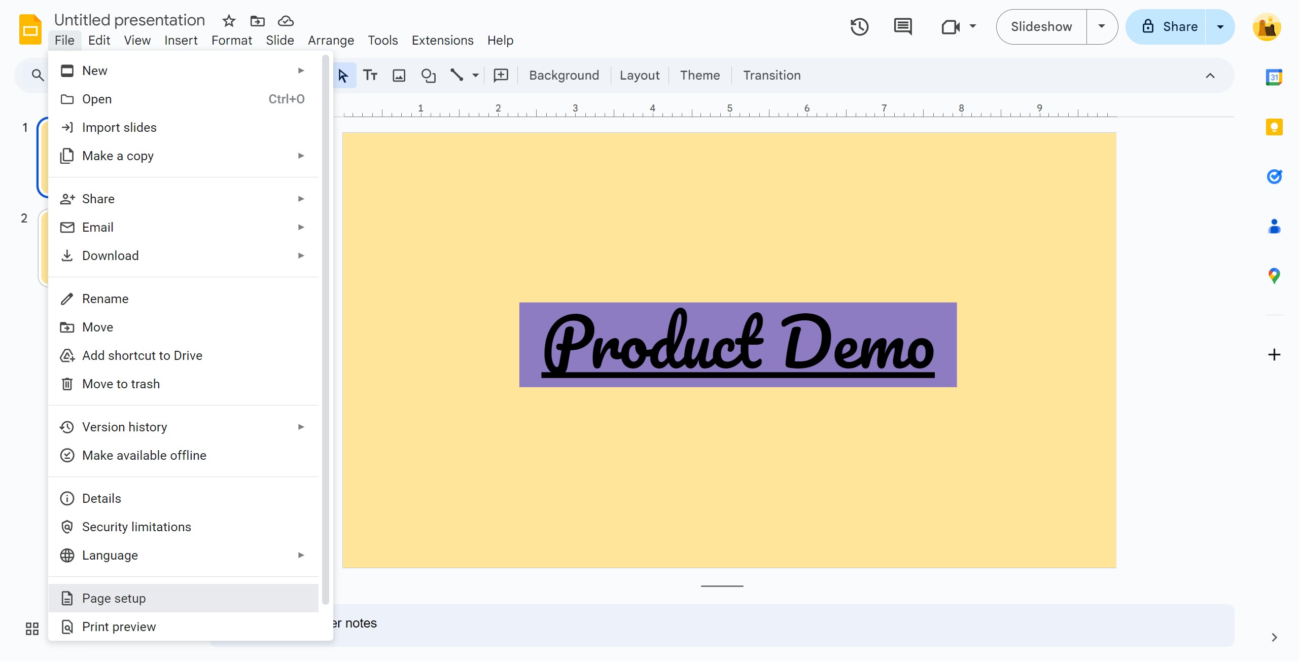 <p>Click Page setup.</p>
