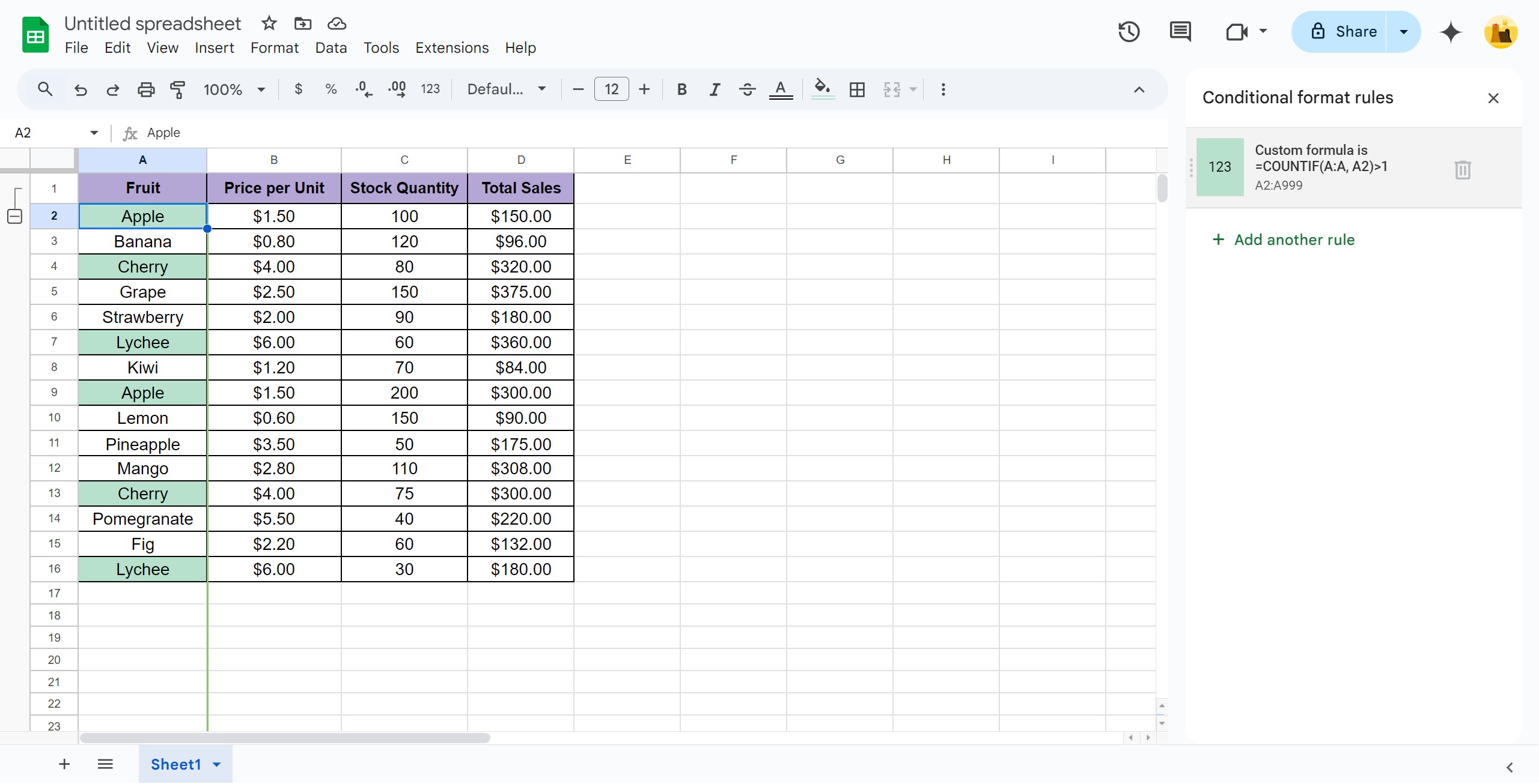<p>Click Custom formula is =COUNTIF(A:A, A2)>1</p>