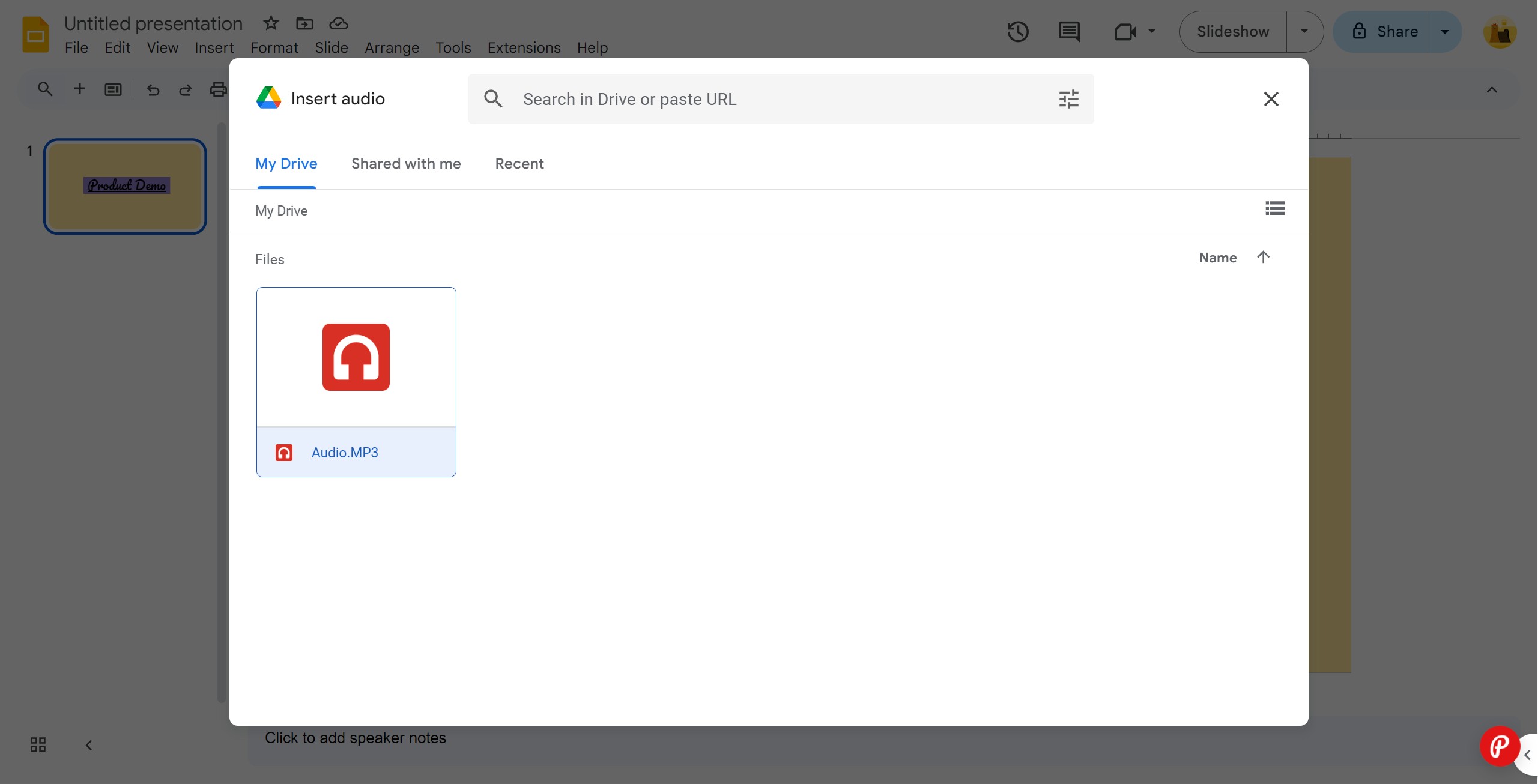 <p>Click on Add audio.</p>