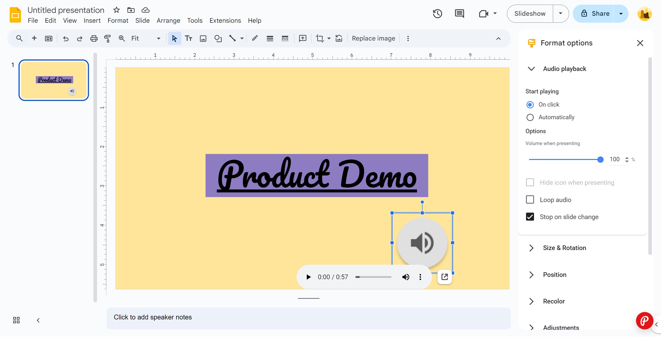 <p>The audio has been inserted, and you can right-click to replace the icon&#39;s image and perform other actions.</p>