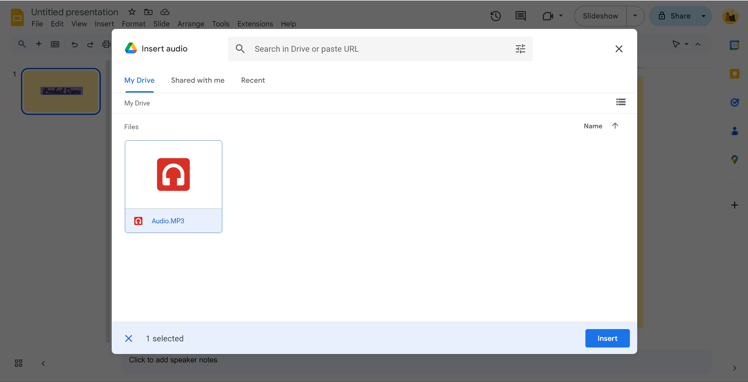 <p>Select the audio and then click Insert.</p>