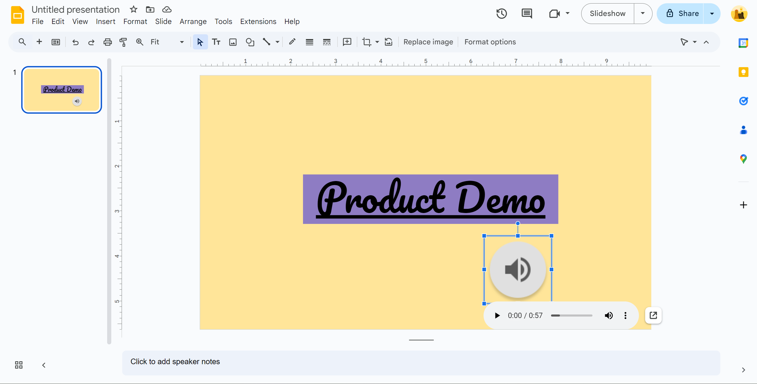 <p>The audio has been inserted, and you can right-click to replace the icon&#39;s image and perform other actions.</p>