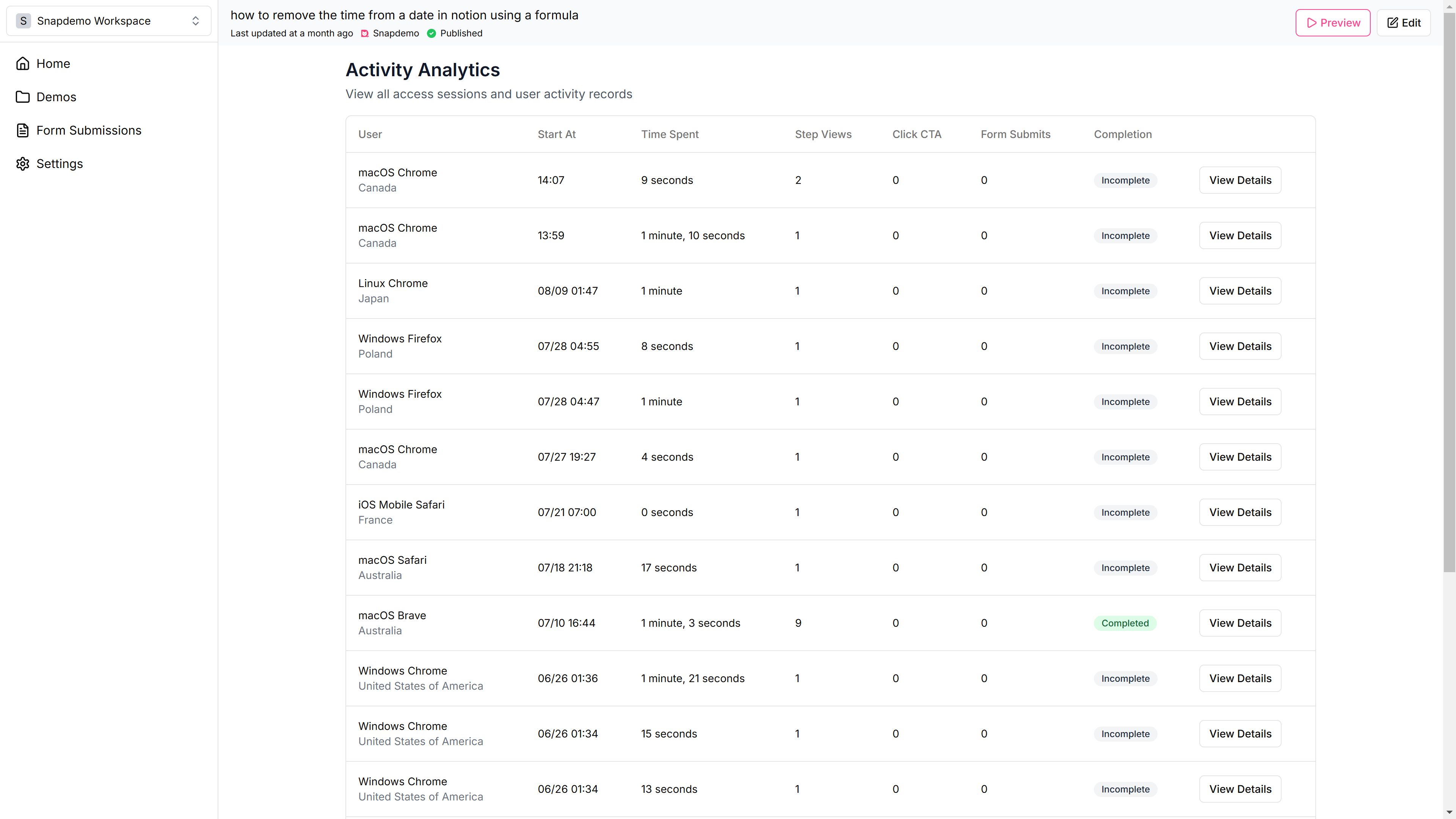 <p>Here you’ll see an overview of user activity, including device, time, and actions.</p>