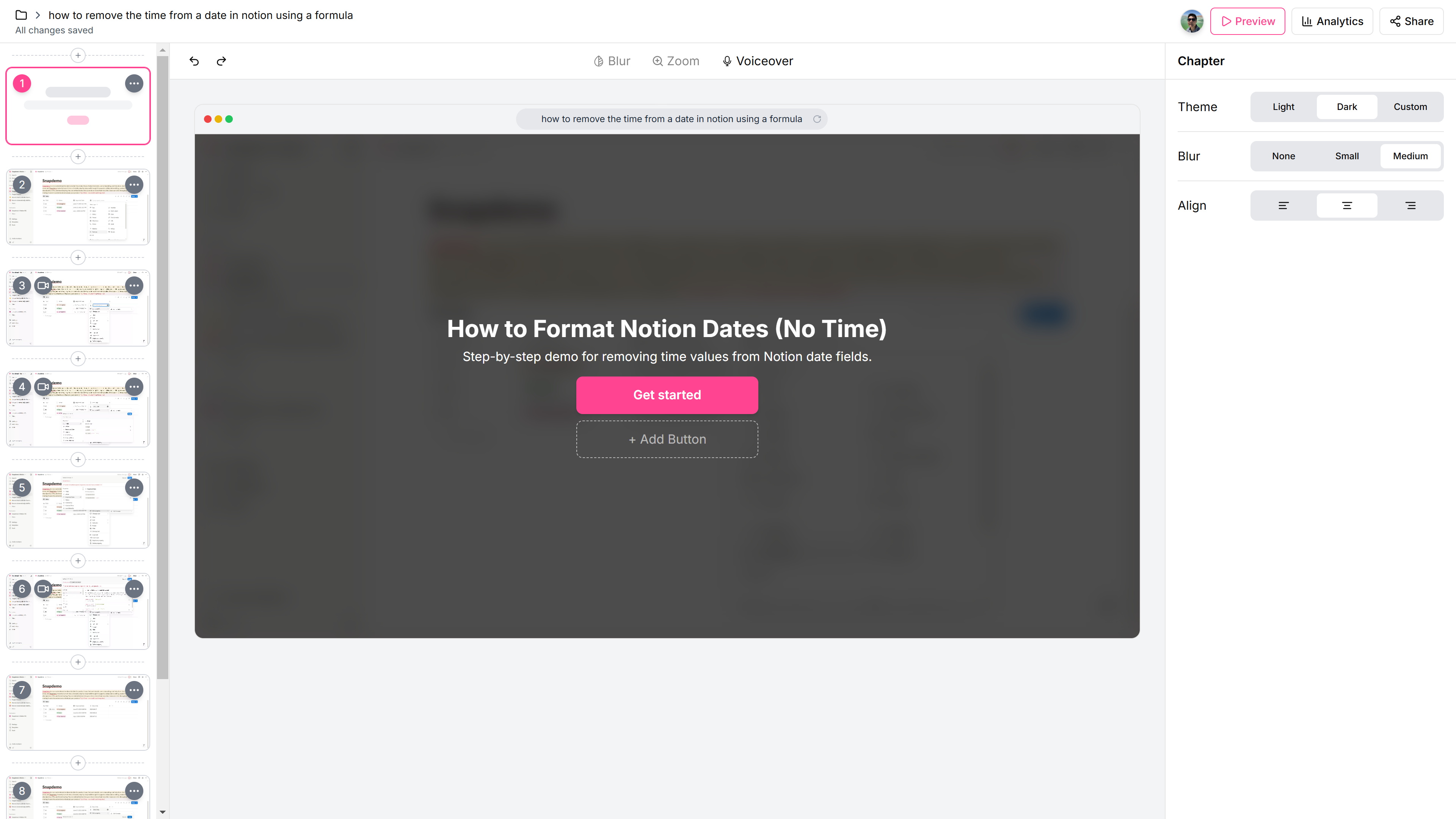 <p>To view demo analytics, go to the editor page and click the <strong>Analytics</strong> button.</p>