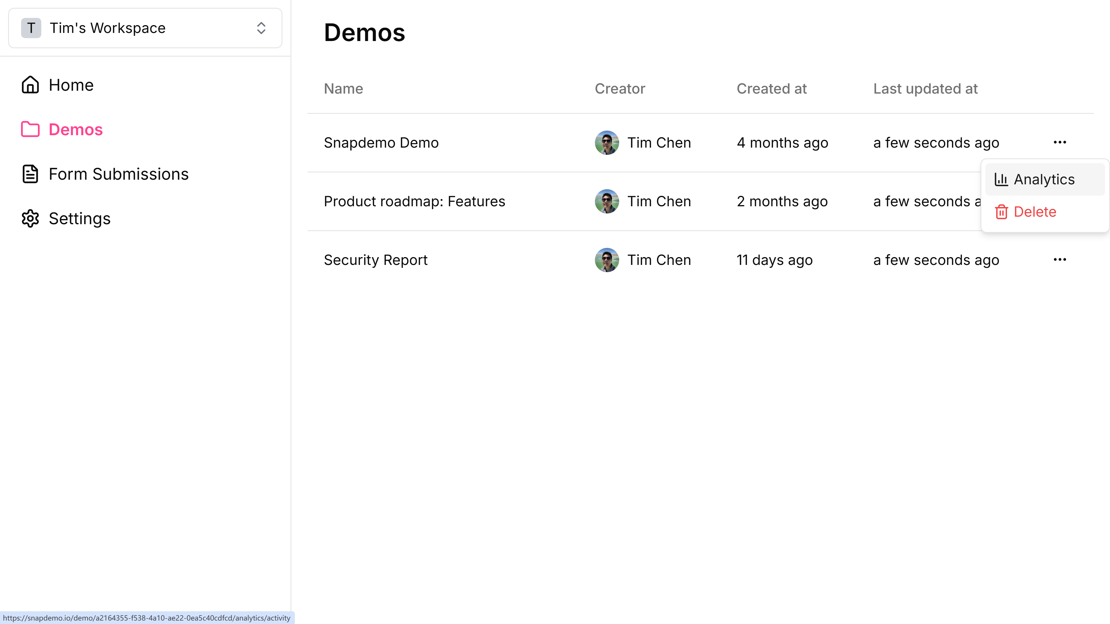 <p>Or, you can click the <strong>Analytics</strong> button directly from the demo view.</p>