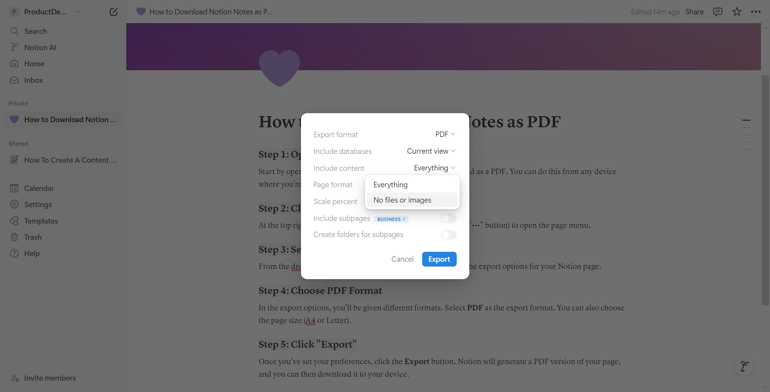 <p>You can choose whether to include images and files in the export.</p>