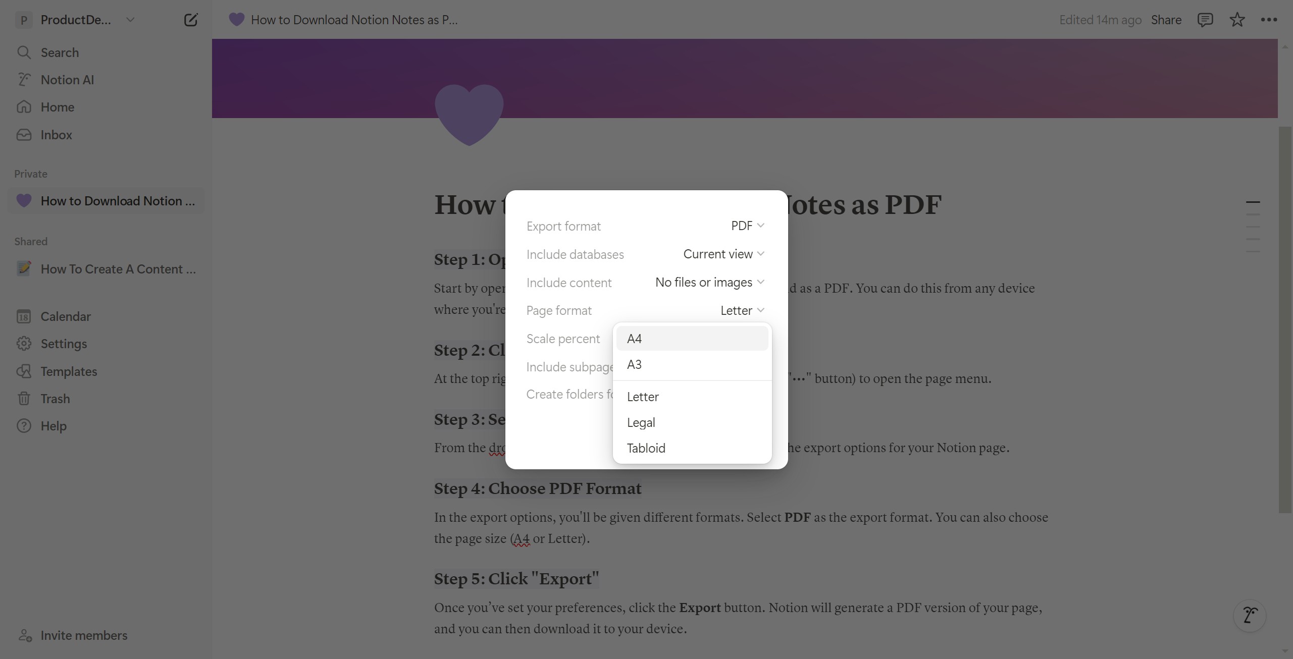 <p>You can also choose the page size for the export.</p>