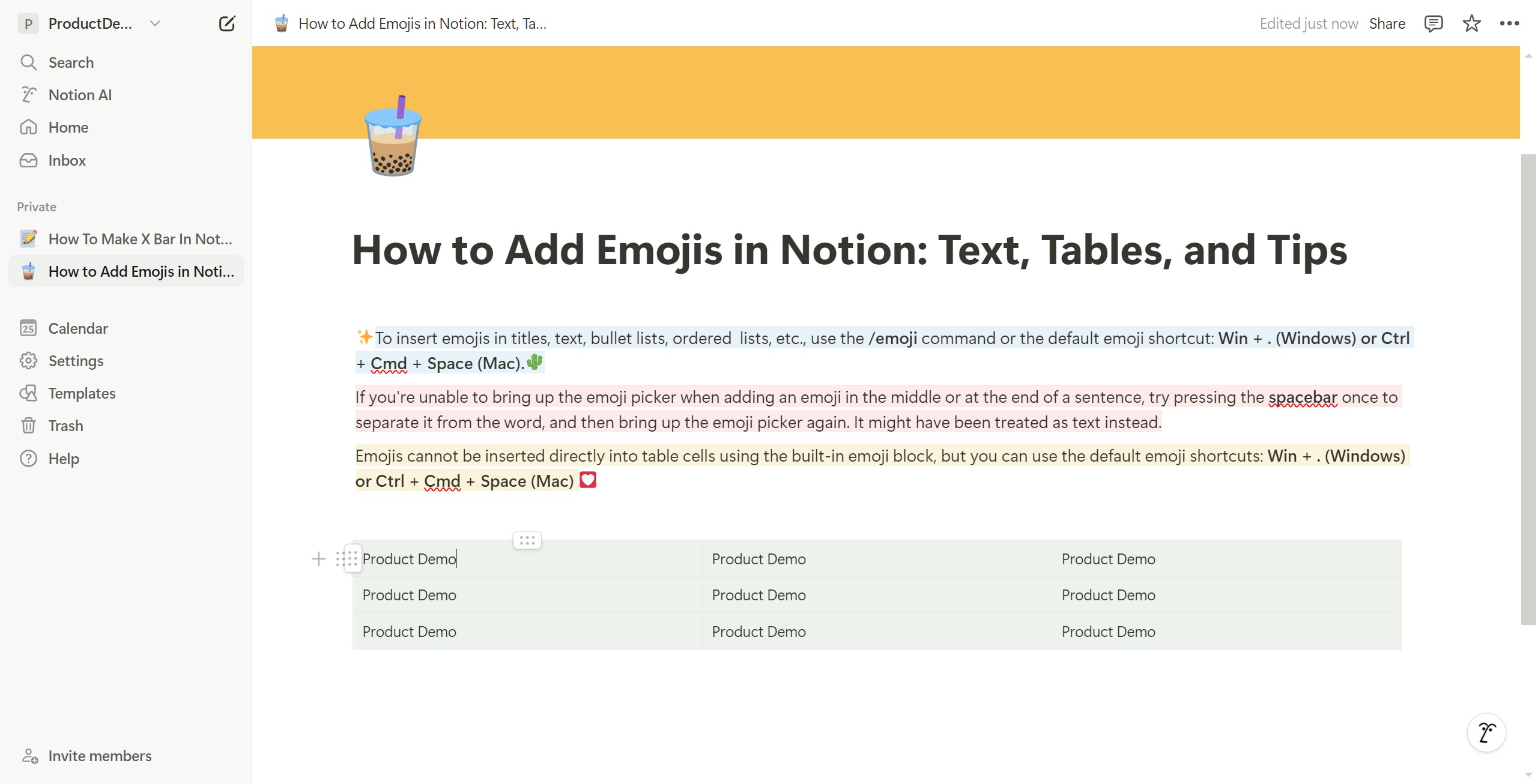 <p>Emojis cannot be inserted into tables directly.</p>