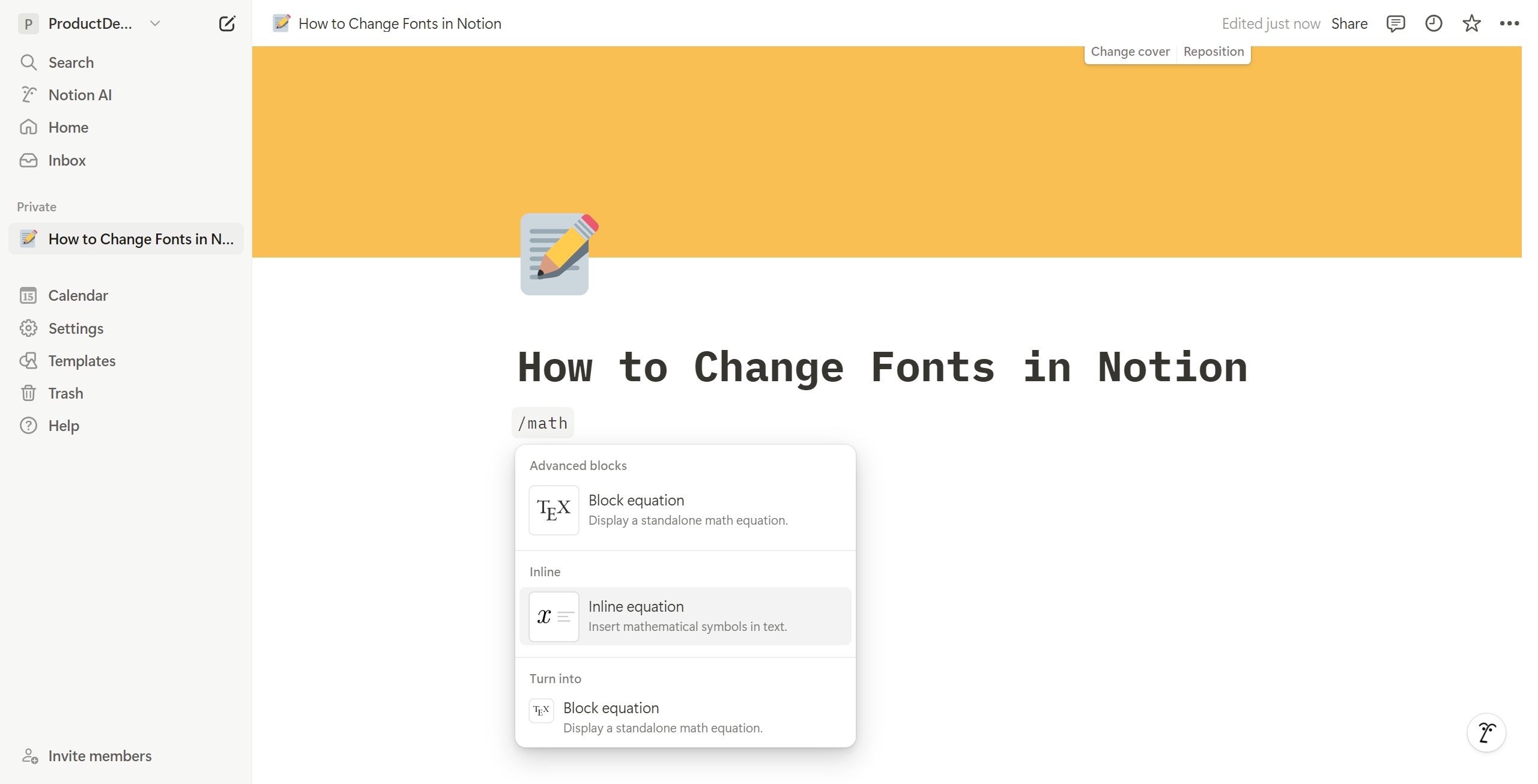 <p>Click Insert mathematical symbols in text.</p>