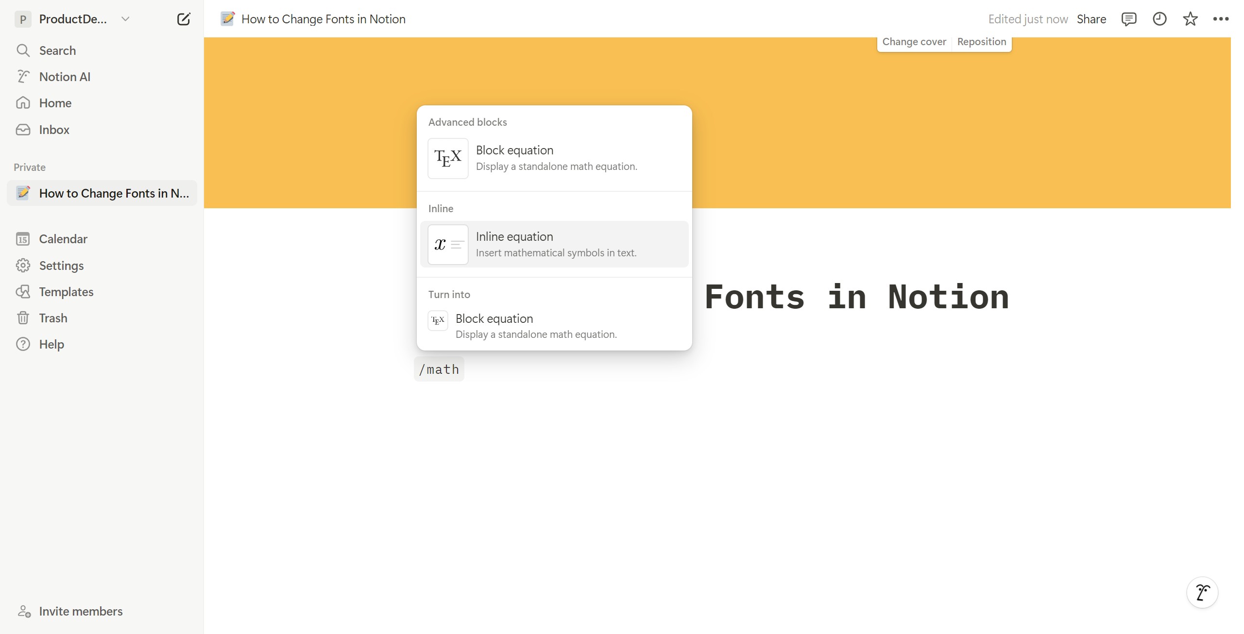 <p>Click Insert mathematical symbols in text.</p>