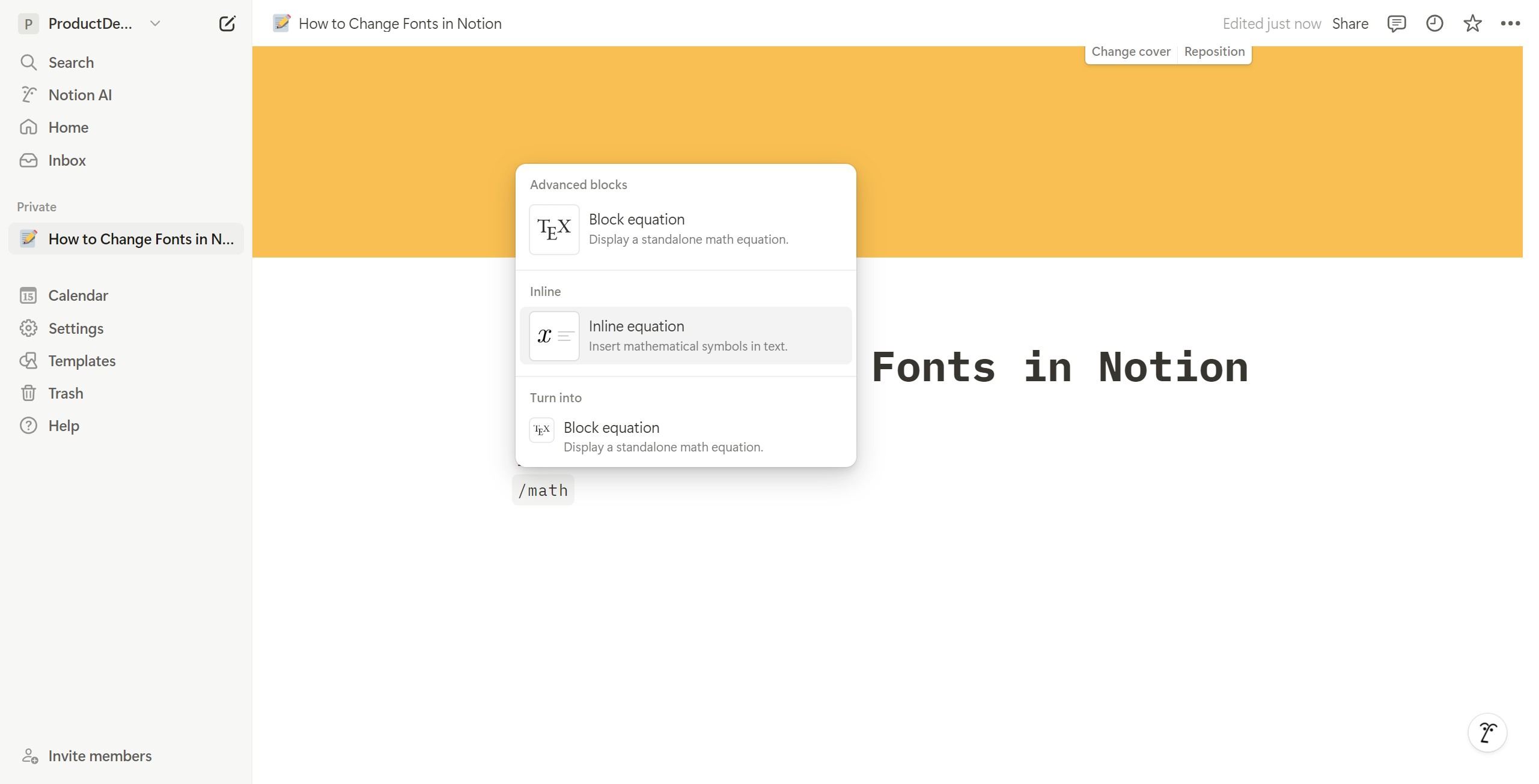 <p>Click Insert mathematical symbols in text.</p>
