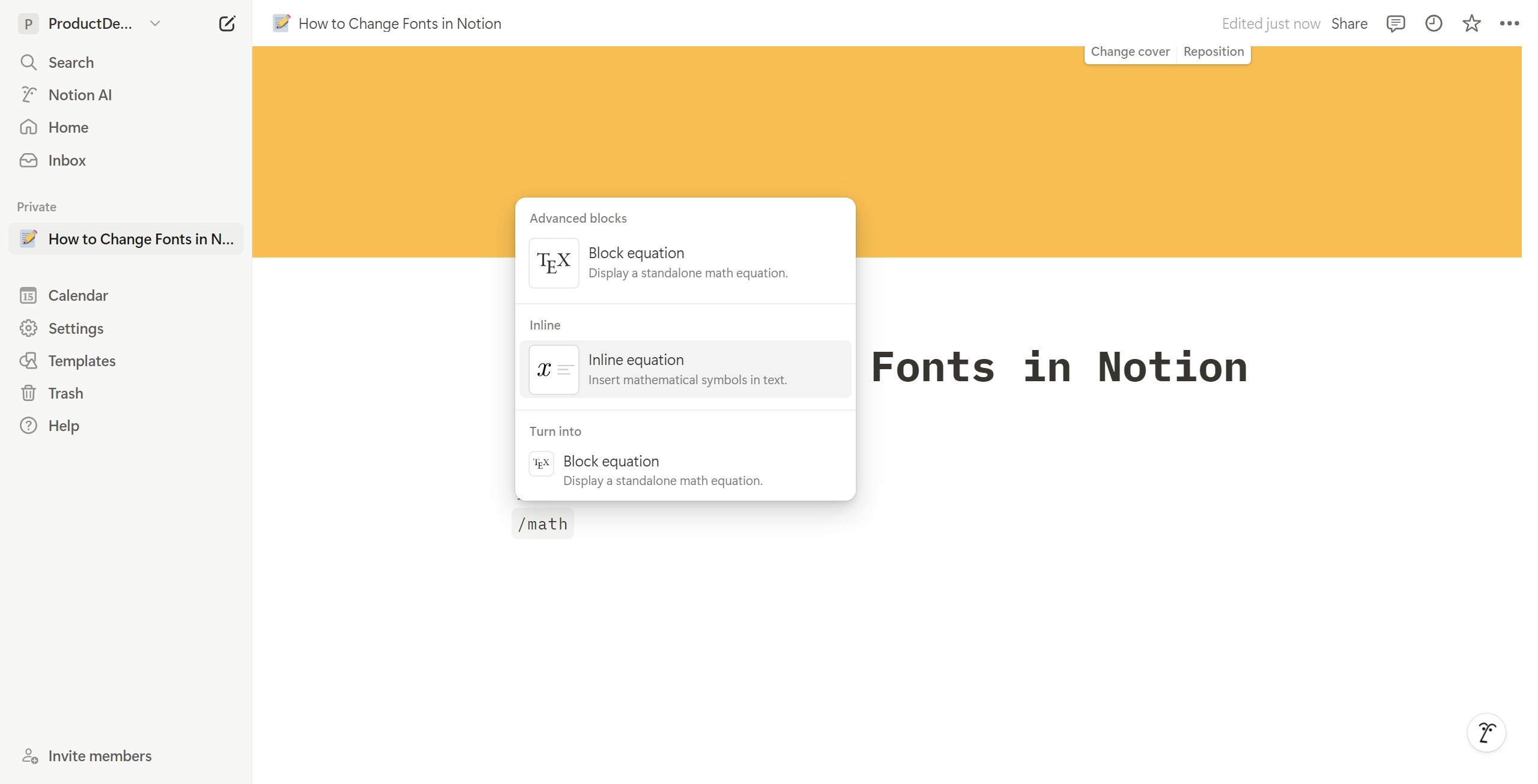 <p>Click Insert mathematical symbols in text.</p>