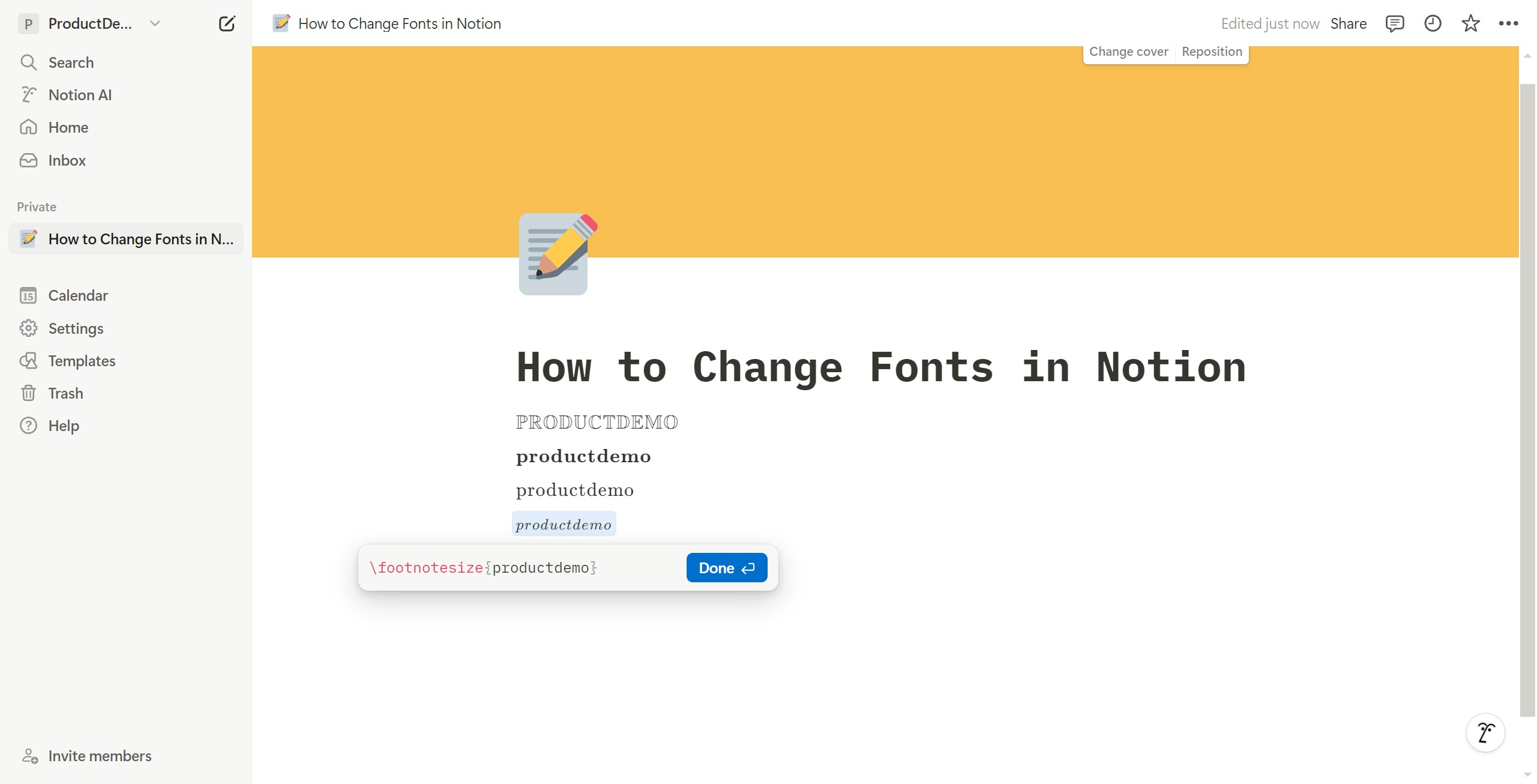 <p>Fourth font formula: Type <code><strong><em>\footnotesize{content}</em></strong></code>, click Done, and you’ll see the style take effect</p>