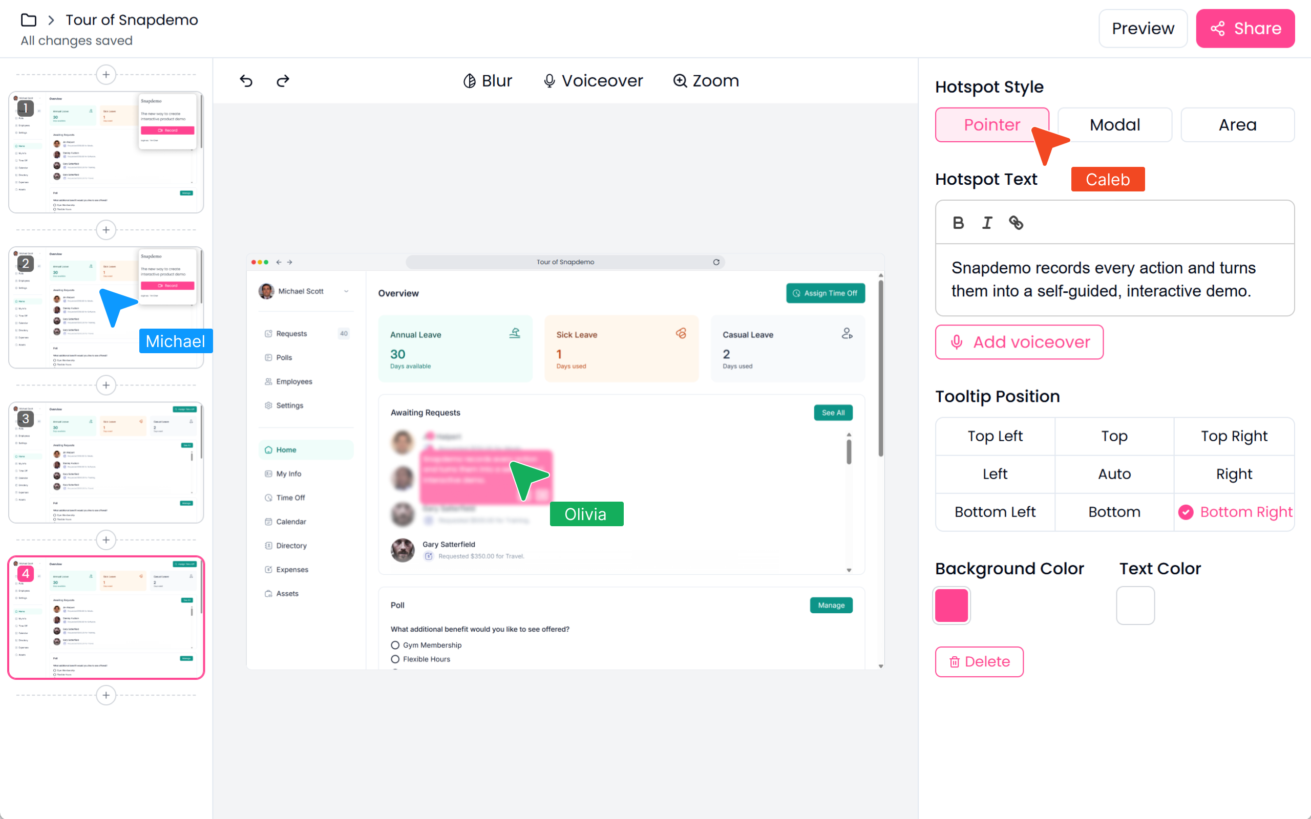 <p>Design and refine demos with your team, in one shared project.</p>