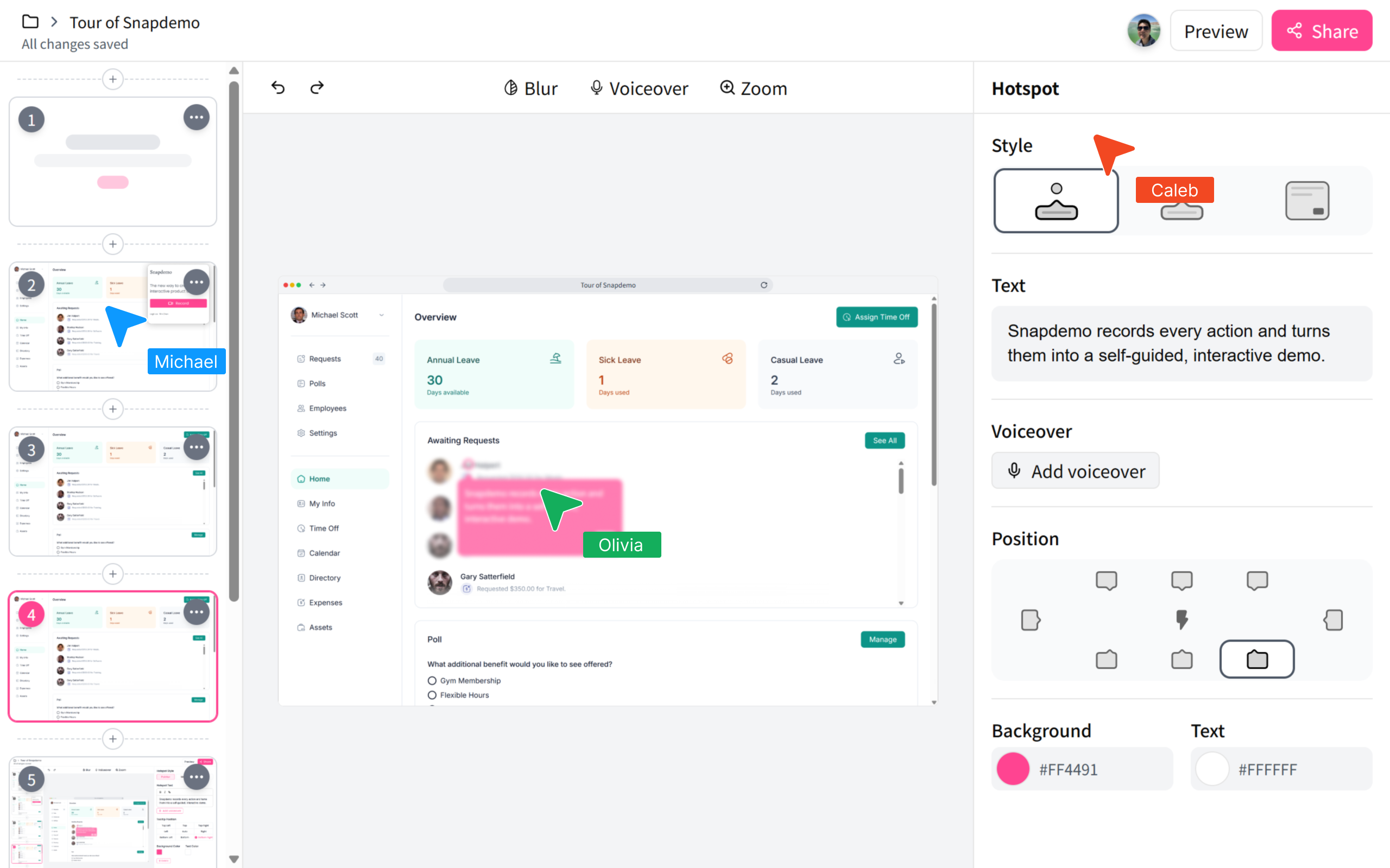 <p>Design and refine demos with your team, in one shared project.</p>