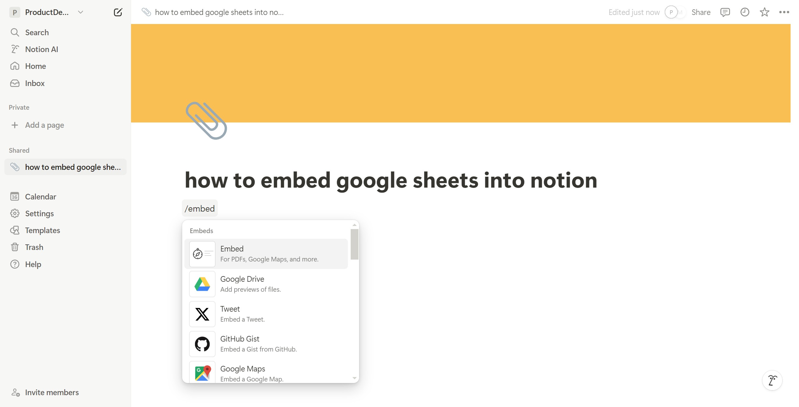 <p>Type /embed and select &quot;Embed.&quot;</p>