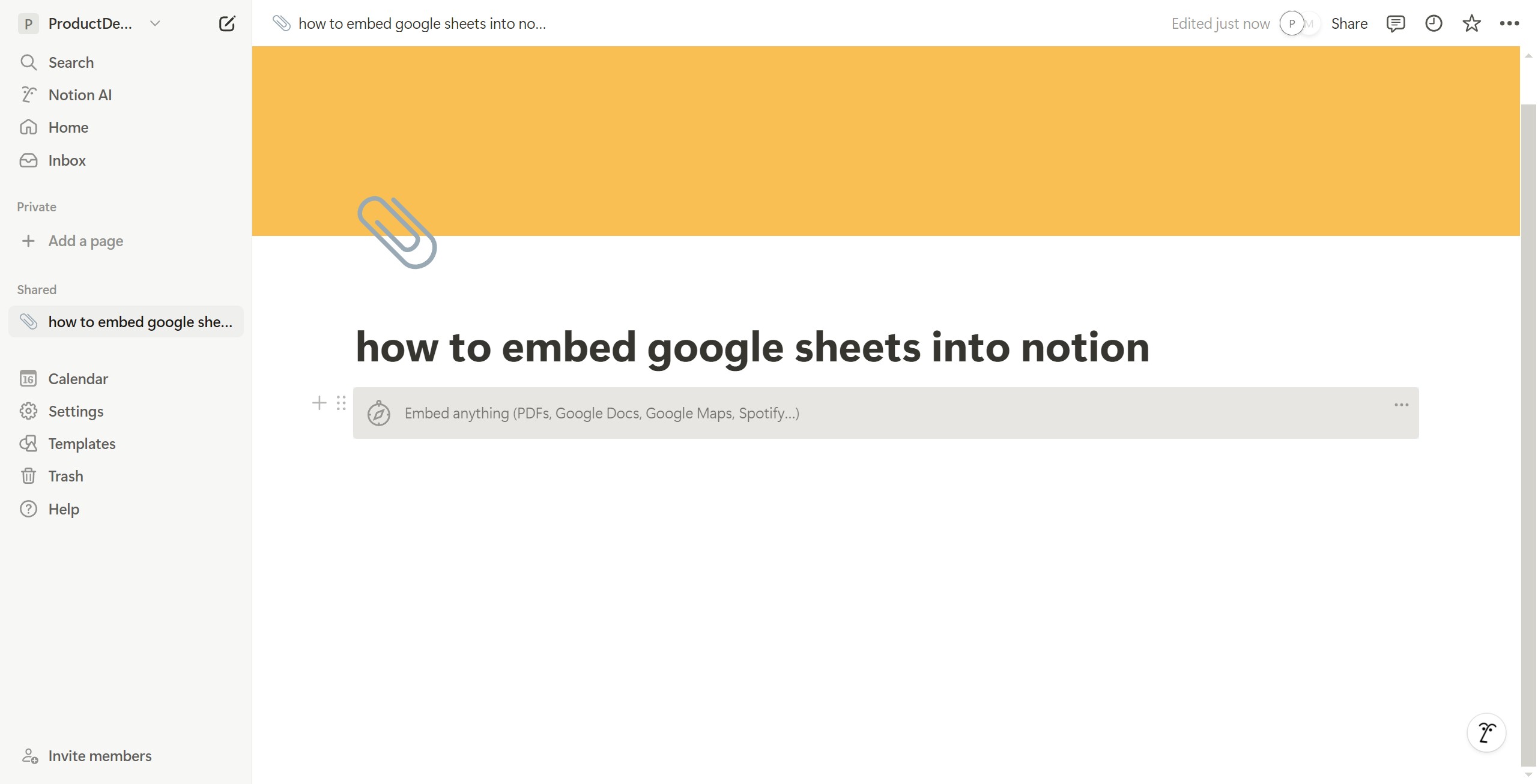 <p>Click Embed anything (PDFs, Google Docs, Google Maps, Spotify…)</p>