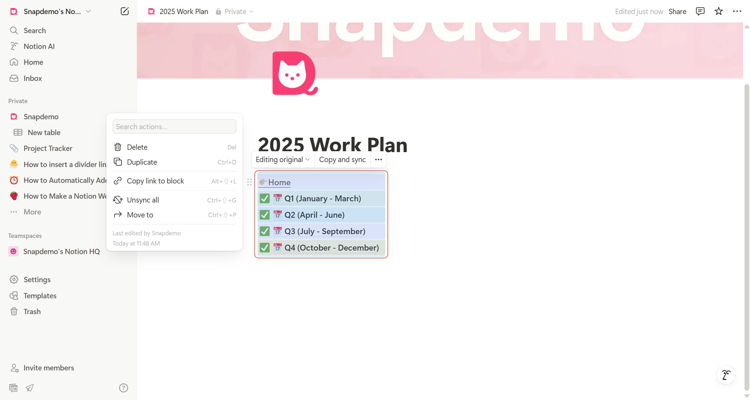 <p>Select the sync block and choose Copy.</p>