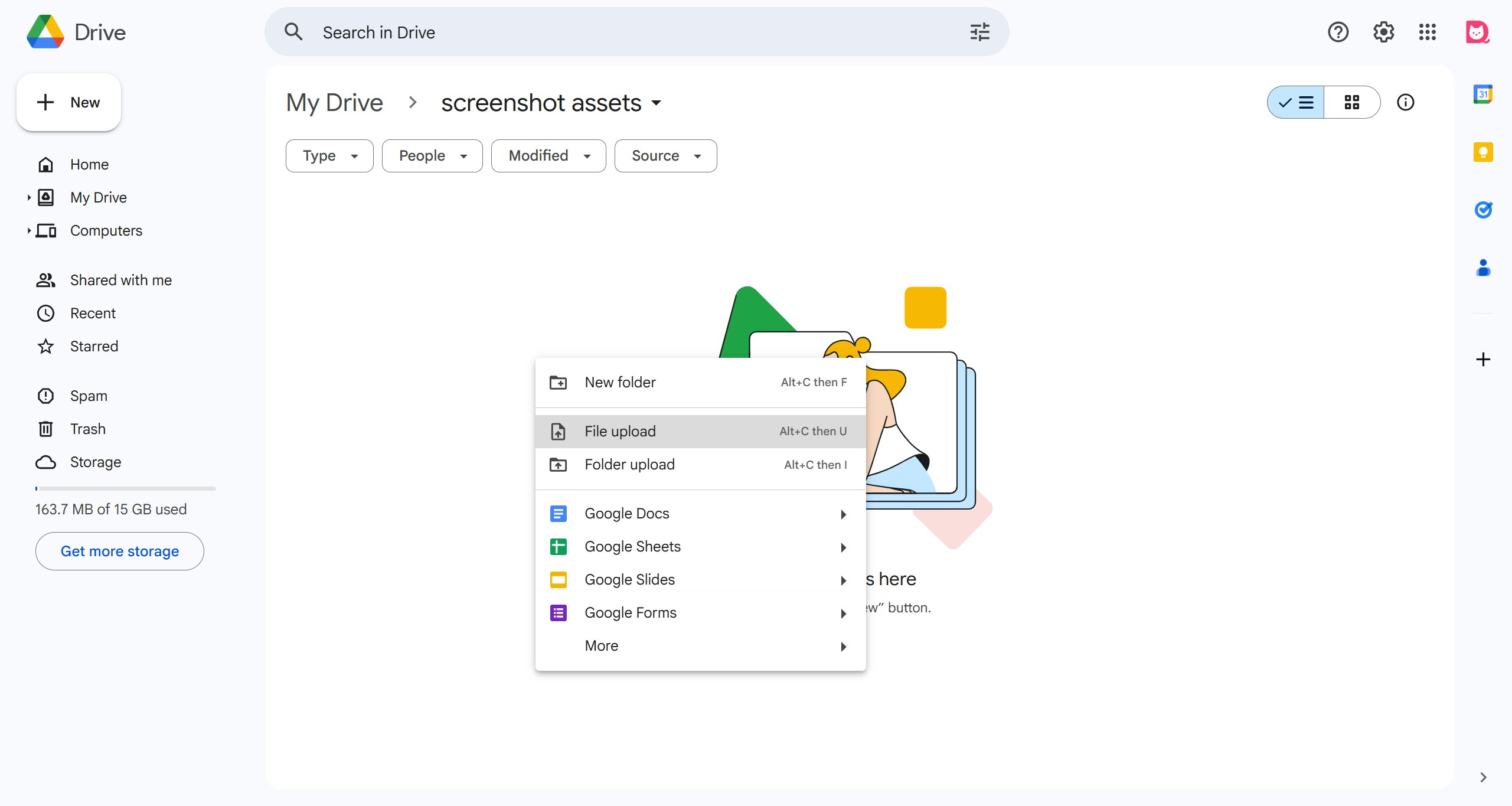 <p>Right-click inside the created folder and upload your screenshot assets.</p>