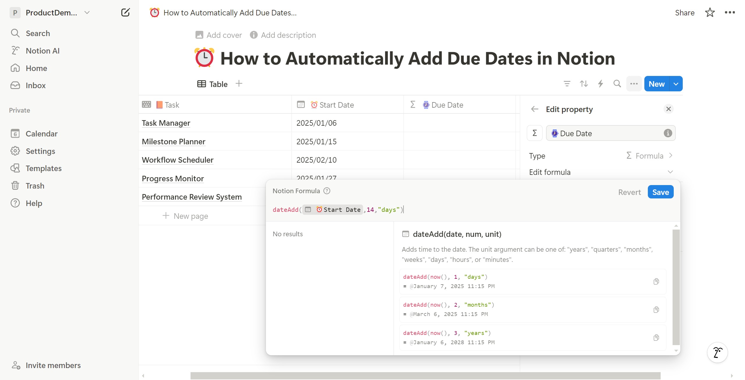 <p>Fill in sequentially: number, &quot;time unit&quot;. </p><p>For example, here the due date is 14 days after each start date.</p>
