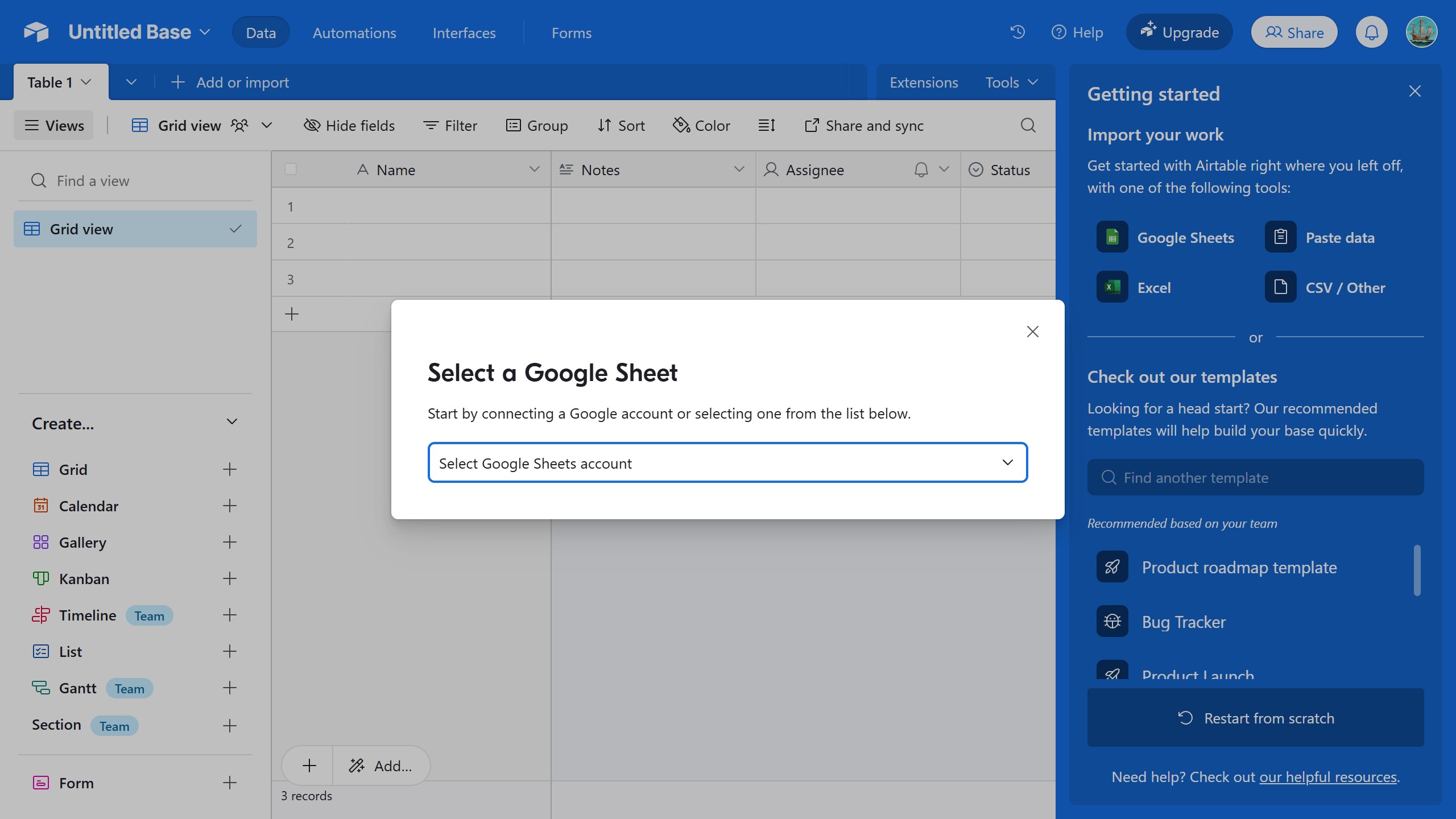 <p>Click "Select Google Sheets account"</p>