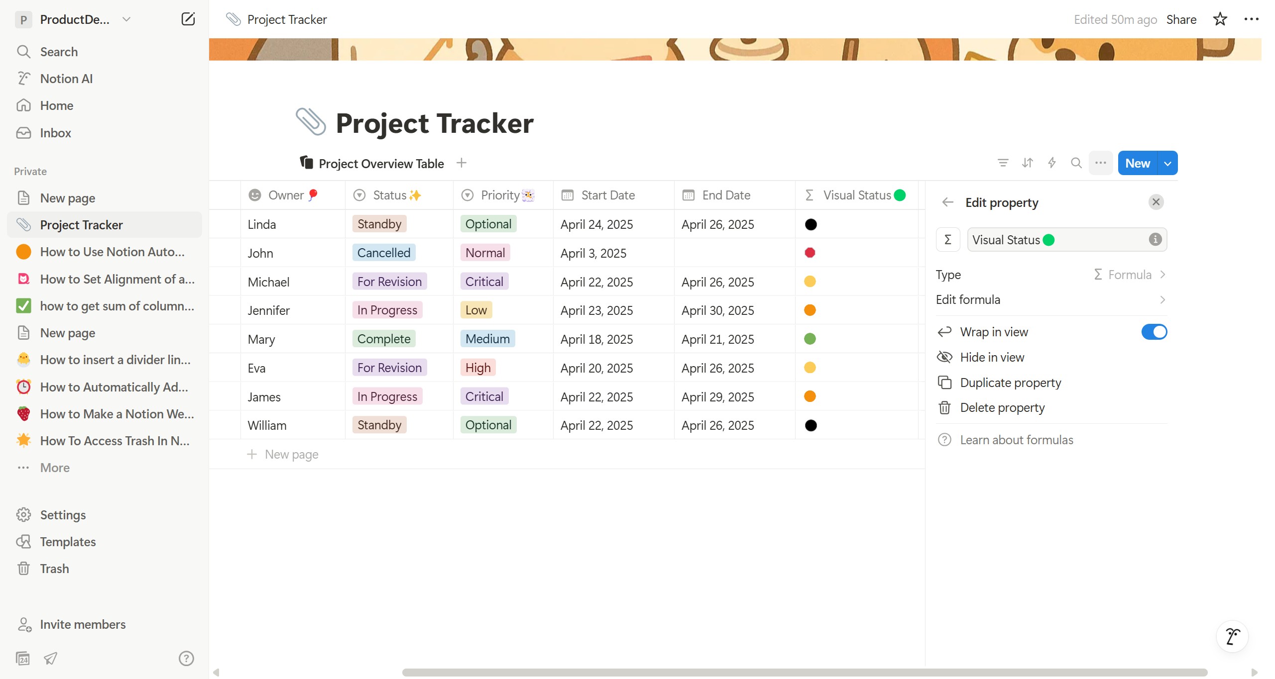 <p>The table information can be automated using formulas, like I set the color to change automatically when the status changes. For details, click <strong><a href="https://snapdemo.io/tutorials/how-to-use-notion-automations-to-change-task-icons" rel="noopener noreferrer" target="_blank">here</a> </strong>to check it out.</p>