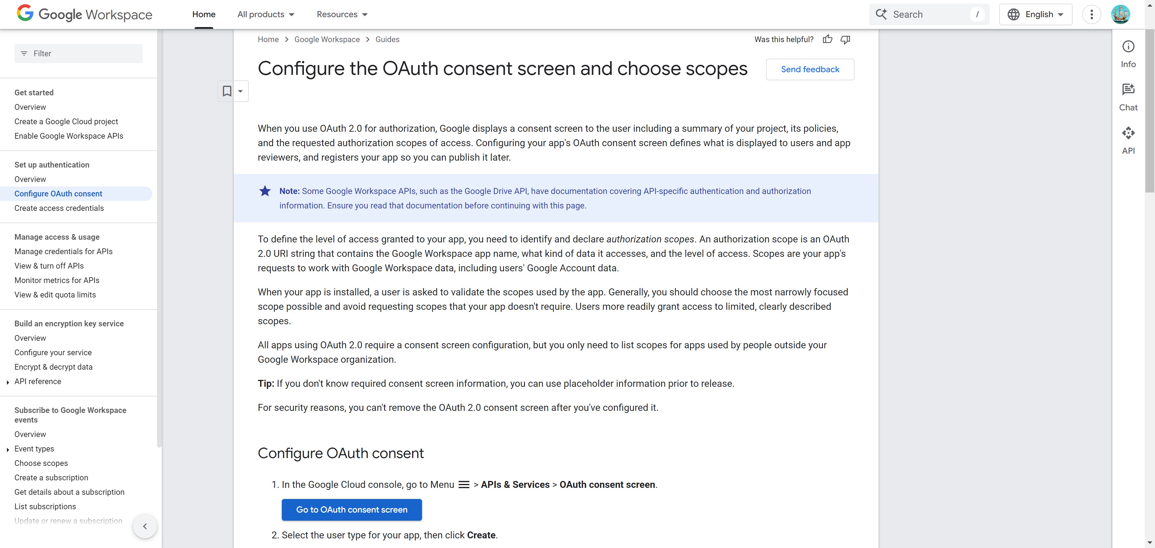 <p>Go to <a href="https://developers.google.com/workspace/guides/configure-oauth-consent" rel="noopener noreferrer" target="_blank">Configure OAuth consent</a> and click the &quot;<strong>Go to OAuth consent screen</strong>&quot; button</p>