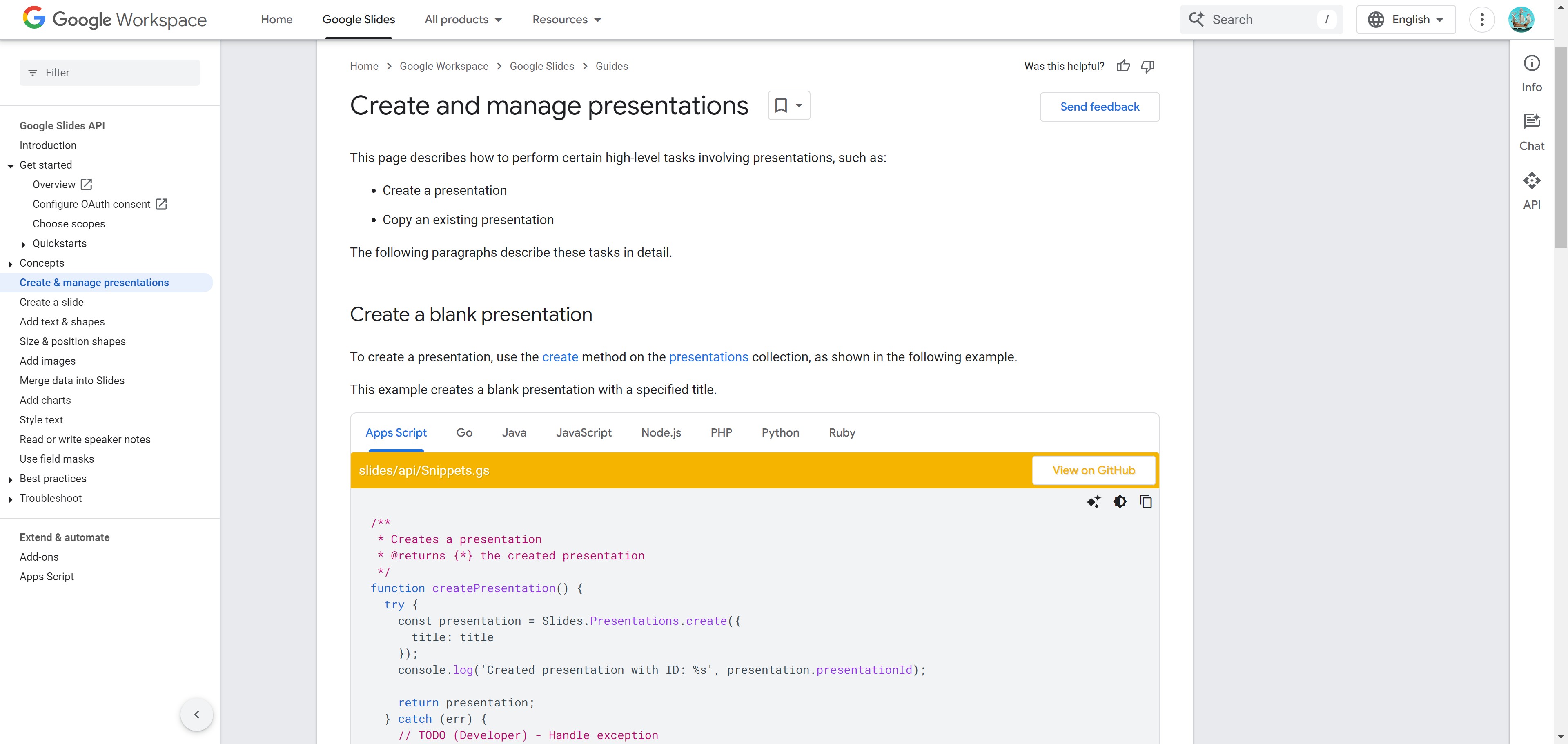 <p>Go to <a href="https://developers.google.com/slides/api/guides/presentations#apps-script" rel="noopener noreferrer" target="_blank">Google Slide API Doc</a> and choose the language you want.</p>