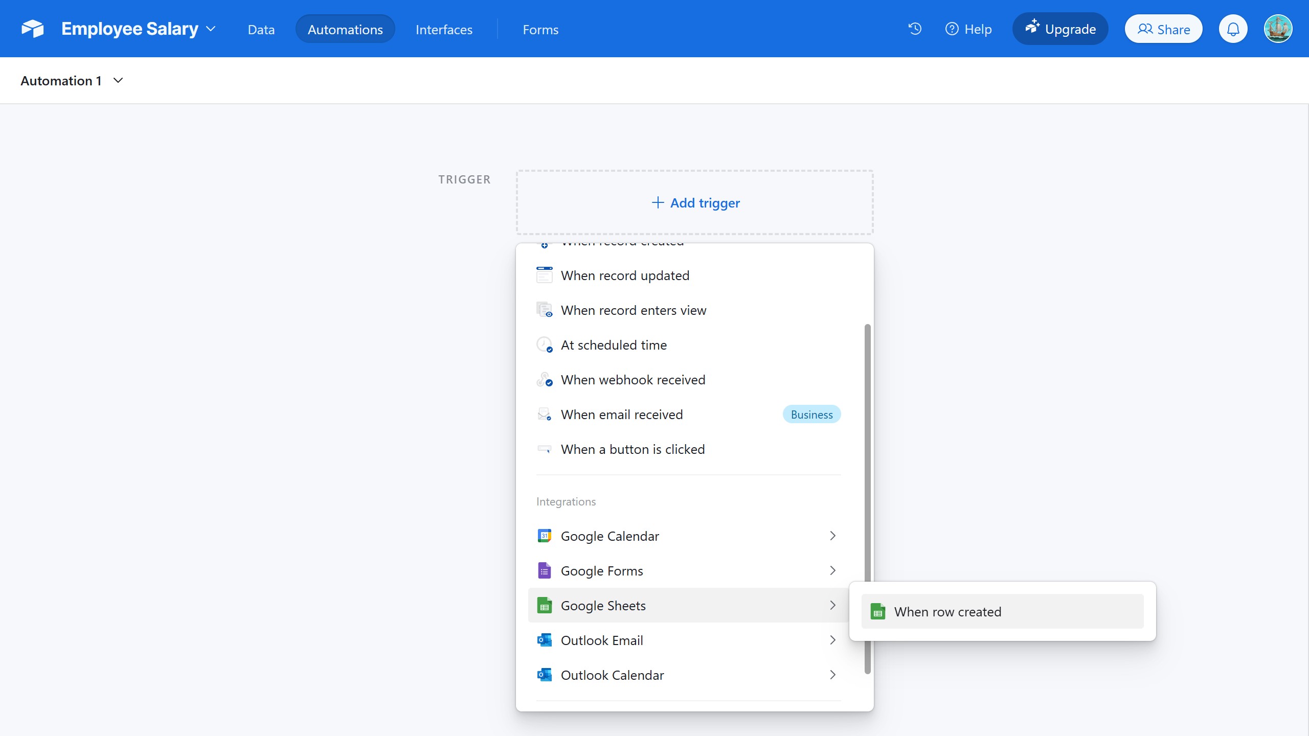 <p>Click &quot;Google Sheets / When row created&quot;</p>